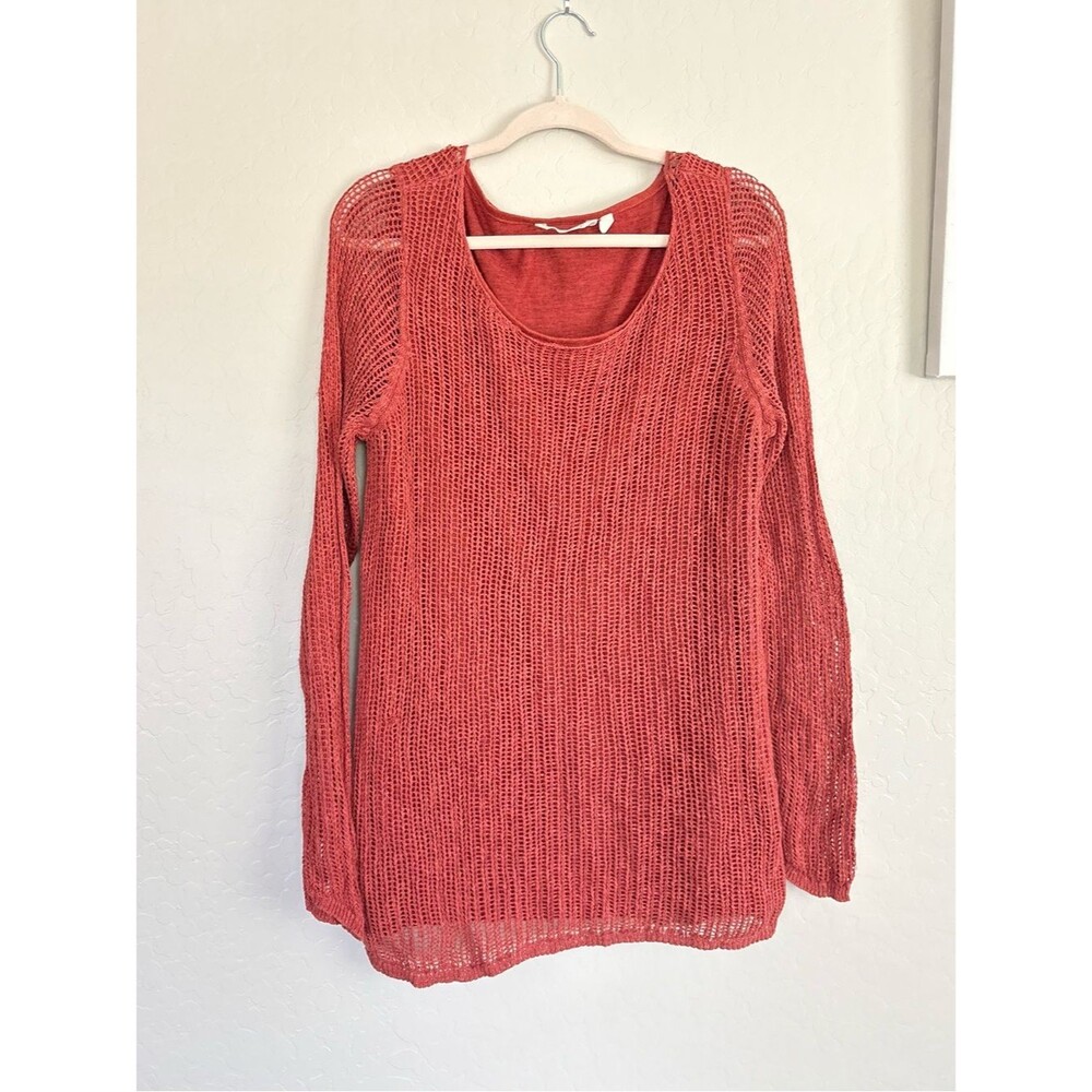 Soft Surroundings Open Knit Sweater Burnt Orange Linen Blend Large Boho Coastal